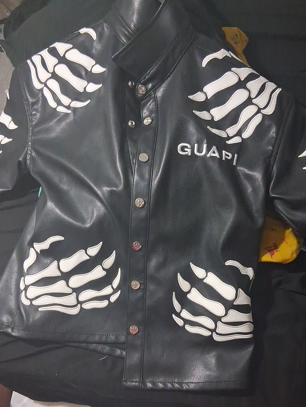 GUAPI Black Leather Jacket Short Sleeve with White Skeleton